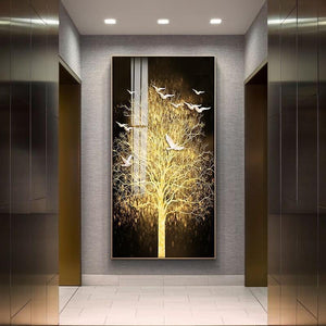 GleamingWoodland: Golden Trees Glass Framed Wall Art - Decor Home